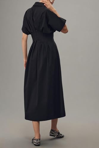 Image of Chvity Women Stripe Tunic Maxi Shirt Dress Fashion Slim Fit Button Pleated Dresses Casual Short Sleeve Long Dress