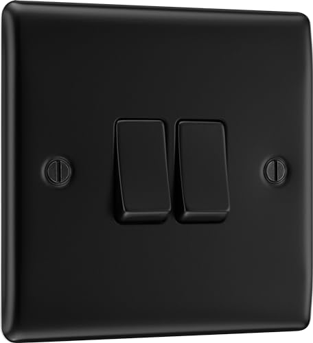 BG Electrical Double Wall Light Switch 2 Way Raised and Slim Profile Round Edges Nexus Metal Matt Black 20A 16AX NFB42