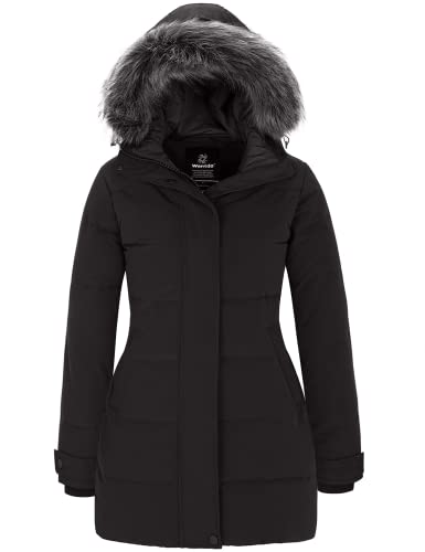 Wantdo Cappotto Donna Invernale Caldo Grande Taglie Giubbotto Imbottito con Cappoccio Impermeabile Antivento Lungo Parka per Esterno Nero M