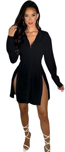 Image of Shirt Dress for Women Sexy Button Down Date Night Dresses Ruched Slit Stand Collar Long Sleeve Blouses