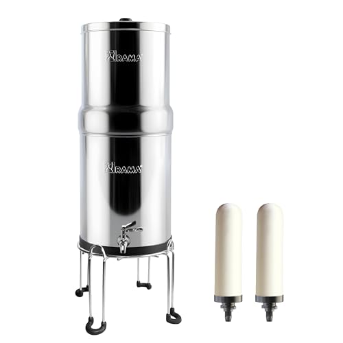 Image of RAMA Gravity Water Filter | 12L Total Capacity (6L Storage) | 304 Stainless Steel Non-Electric Purifier for Home | Includes 2 Spirit Candles, SS Tap & SS Stand | 10-Year Warranty