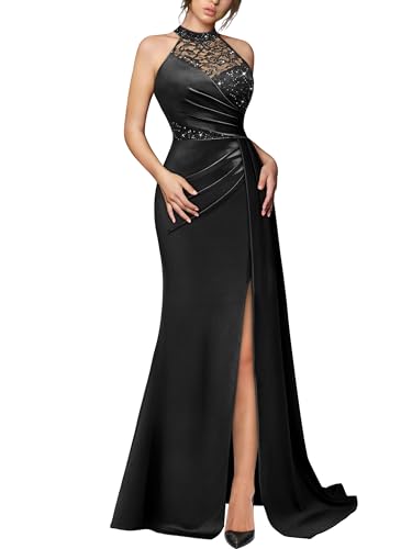 Miusol Women's Sexy Halter Sequin Lace Satin High Split Ruched Style Evening Party Maxi Dress