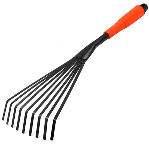 Finder Hand Rake 15.6 Inch Gardening Hand Tool with Ergonomic Handle and Hanging Hole for Storage Steel Garden Rake for Flower Beds Leaves Mulch Soil Loosening Tight Spaces