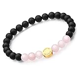 DAY BERLIN: Premium Rosenquarz / Onyx Naturstein Damen Perlenarmband in Rose, 6mm Beads echte Unikat Edelsteine handgefertigt, 17cm lang mit flexiblem Zugband für jedes Handgelenk + Logo Tag in Edelstahl 18k vergoldet