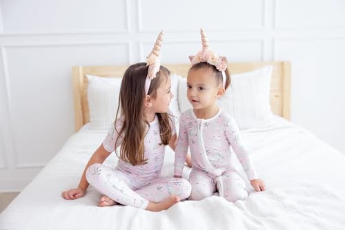KicKee Print Short Sleeve Pajama Set, Baby to Kid, Viscose from Bamboo Fitted Pajamas, Seasonal Collections, Outdoors (Shrinking Violet Sleeping Unicorns - 5 Years)4