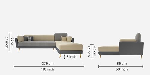 Image of Black Wood Modern Velvet LHS Sectional Sofa (3 + Lounger) with Extra Luxury Comfort for Bedroom, Living Room, Dining Room, Drawing Room, Home Office in Bug Resistant Wood Structure