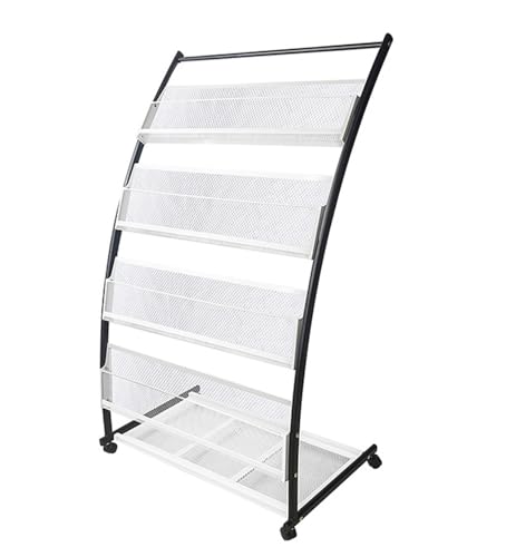 TUKA-i-AKUT Soporte de Suelo para Folletos, con 4 Estantes + Ruedas, Expositor de Pie para Presentación de Literatura, Portafolletos, Catálogos, Revistero de Acero Inoxidable, 60x40x113CM TKD8692