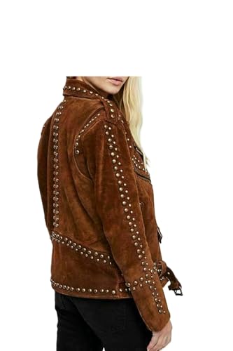 Women's Genuine Suede Leather Western Fashion Studded Jacket Brown Vintage Retro Style Jacket3