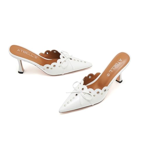 Image of Kitten Heel Mules for Women Bow Tie Suede Stiletto Heels Mule Pointed Toe Studs Slide Heeled Sandal Pumps for Wedding Dress Party