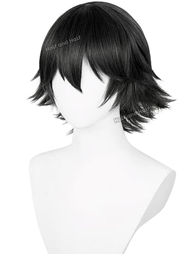 Image of Ranpo Cosplay Wig Black Juuzou Wigs Short Black Anime Male Wig with Bangs | Black Spiky Layered Synthetic Hair for Women Men Halloween Party