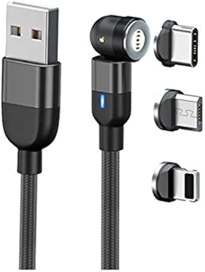 540 Magnetic Charging Cable-540 Rotating Phone Charger with 3 Removable connectors - Nylon Braided Cable-3in1 Charger Micro, Type C USB- 6FT, Black