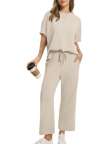 Desol Zweiteiler Damen Sommer Outfits Trainingsanzug Sets Kurzarm Oberteil & Jogginghosen Weites Bein Caprihosen für Freizeit & Hausgebrauch & Reisen