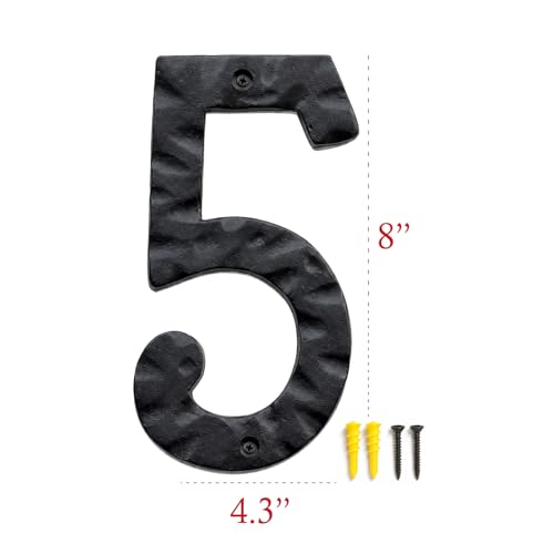 Image of NACH House Numbers for Outside, 8 inch Black Address Numbers for House - Number 5 - Rustic Numbers for Outside with Mounting Hardware