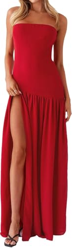 Image of Willow Dance Women Tube Top Dress Printed Mesh Patchwork Maxi Dress Strapless Sexy High Slit Long Dresses Party Clubwear