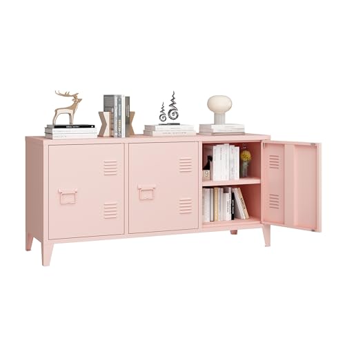 MIOCASA Metal Storage Cabinet,3 Door TV Stand, Metal TV Cabinet with Storage Locker,Low Corner Cabinet with Handles and Shelf for Home,Officeï¼ˆPinkï¼‰