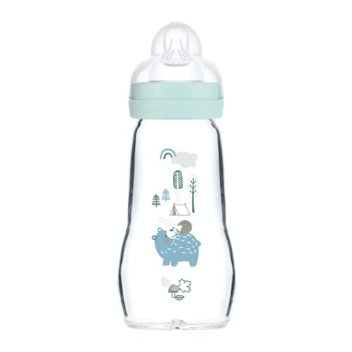 MAM Biberon en verre (260 ml) – Biberon résistant à la chaleur et aux variations de température – Tétine Débit 2 Moyen pour bébé à partir de 2 mois – Couleur : Bleu
