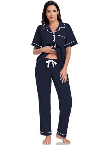 EA'S SECRET Womens 100% Cotton Pajama Sets Short Sleeve Shirt and Pajama Pants Soft Sleepwear Button Down Pjs for Women2