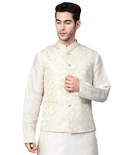 Image of MANQ Men Cream Woven Jaquard Silk Nehru Jacket (Size:34)