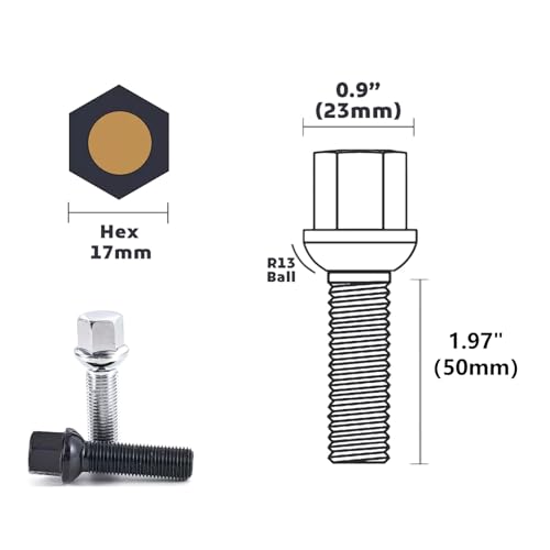 Image of 10 Pack 14X1.5 Ball Seat 17mm Hex Extend Wheel Lug Bolts with 50mm Shank, Black