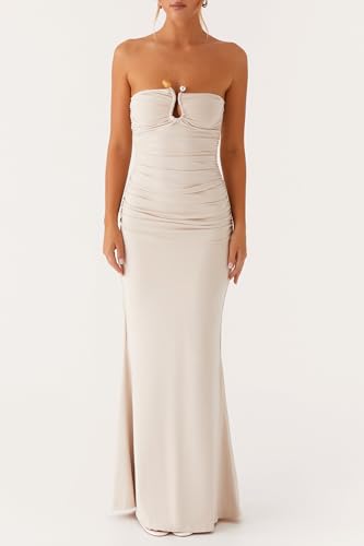 Image of Cut Out Maxi Tube Dresses for Women Sexy Y2k Strapless Backless Bodycon Long Dress Summer Sleeveless Hollow Sundress