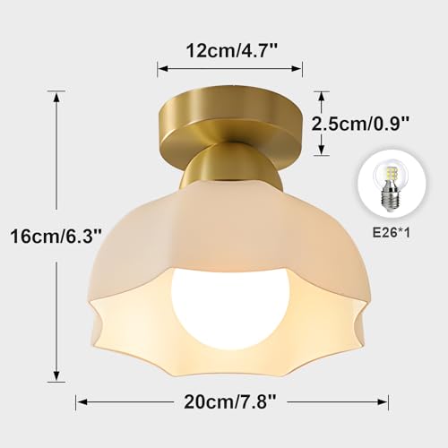 Image of Mid Century Brass Ceiling Light Industrial Glass Hallway Light Fixtures Retro Vintage Semi Flush Mount Close to Ceiling Light for Entryway Bathroom Foyer, Dome, White, X8022-Father