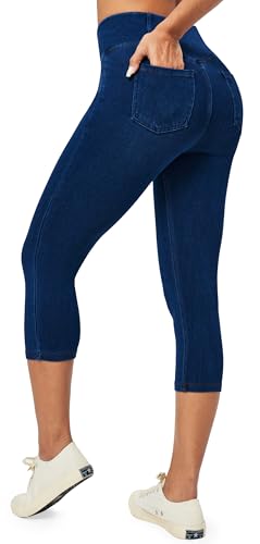Heathyoga Capri Jeans for Women Stretchy Pull On Jeggings for Women Denim Jean Capris Pants Capri Leggings with Pockets Dark Blue