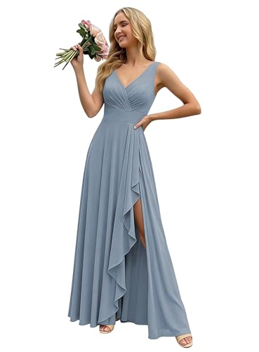 KJHUTAY A-line Chiffon Bridesmaid Dress with Slit 2026 Ruffle V-Neck Ruched Formal Evening Party Gowns with Pockets Dusty Blue