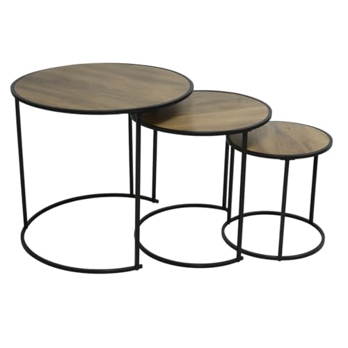 Acomoda Textil - Set de 3 Mesas Auxiliares Nido Redondas de Estilo Moderno Diseño Apilable, Estructura Metálica Resistente y Encimera Decorativa para Salón y Comedor. (Marrón)