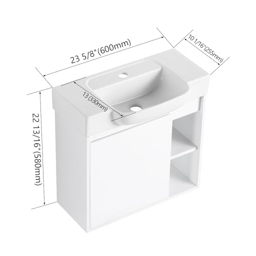 Image of 24 inch Bathroom Vanity with Ceramic Sink, Modern Wall-Mounted Bathroom Vanity with Soft-Close Door & 2 Open Storage Shelves, Farmhouse, Undermount Storage Cabinet, Easy to Clean, Glossy White