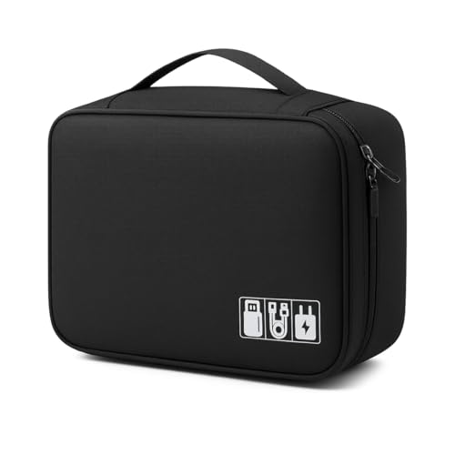 Nécessaire Organizadora Multifuncional Porta Fios Cabos Carregadores HD Fones Estojo Maquiagem Viagem Compacta Bolsa Case Alça de Mão (Preto)