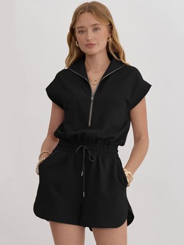 Image of Rompers for Women Summer Short Sleeve Half Zip Lapel Collar Jumpsuit Casual Drawstring One Piece Outfits with Pockets