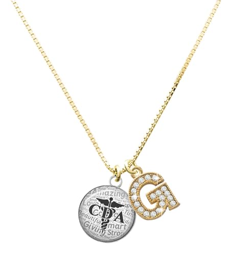 Delight Jewelry Silvertone Domed Black CDA Goldtone Crystal Initial - G - Charm Necklace, 17.5"+2"