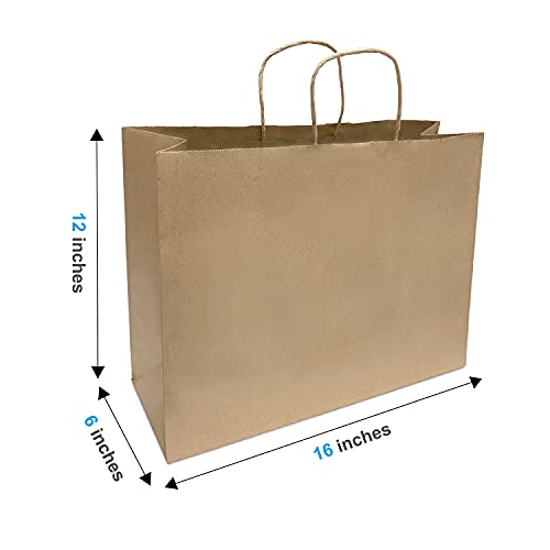 100 Count 16\"L X 6\"W X 12\"H Kraft Brown Paper Bags Vogue Twisted Handle High Capacity, Perfect for Takeout bags, Wedding bags, Party Favor bags, Thank You bags, Shopping bags, Retail bags and More