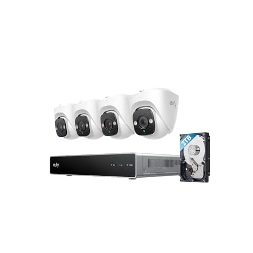 eufy Security PoE NVR CCTV Camera Systems E41, Wired Outdoor Cam, 4 4K UHD Turret Cams, 122° FOV, Colour Night Vision, 24/7 Recording, AI Detection, Red & Blue Lights, 8 Channel NVR, 2TB HDD
