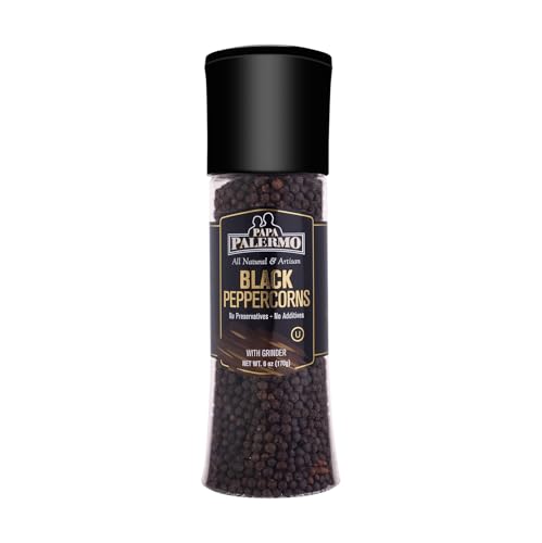 Papa Palermo Black Peppercorn with Grinder, Kosher, All Natural, No Additives, 6oz