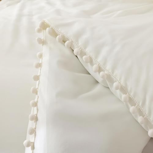 YIRDDEO King Size Comforter Set in Ivory, 3pcs Boho Ball Pom Lightweight Bed Comforter, Soft Solid Color Bedding Comforter Sets for All Seasons (Ivory, King, 104"x90")
