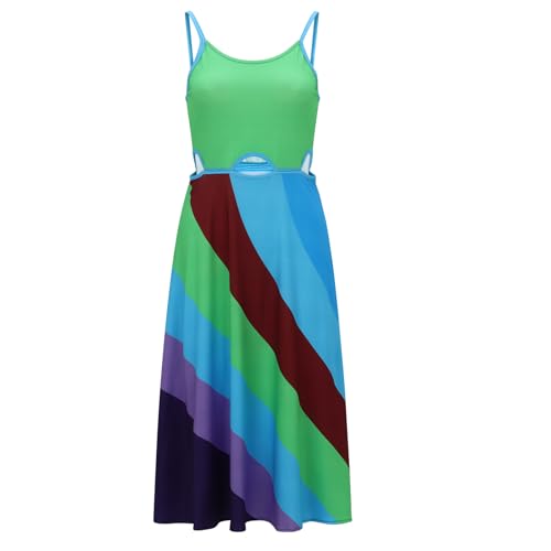 Womens 13 Going On 30 Jenna Rink Retro Rainbow Stripe Sexy Cut-Out Dress Summer Backless Sleeveless...