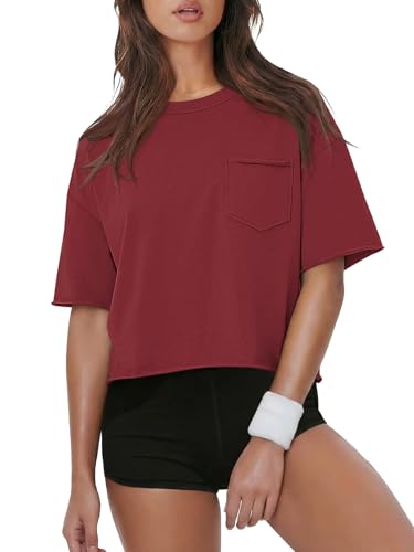 Image of ATHMILE Womens Crop Tops Workout Shirts Gym Oversized Spring Summer Basic Tees Short Sleeve Casual Loose Drop Shoulder 2026