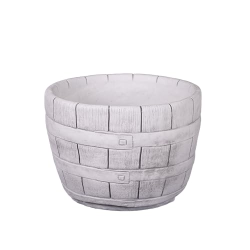 gartendekoparadies.de Blumentopf Pflanzkübel mit Motiv Holzfass L Pflanzgefäß aus Steinguss, H. 31 cm, 32 Liter, 26 kg, Grau, frostsicher für Außenbereich