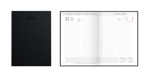 イデナ ブックカレンダー DIN A5 2026年 1日 1ページ 土曜日 1ページ 日記 ハードカバーパッド付 ブラック 12077