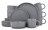 Famiware Dawn Dishes Set For 4,16 Piece Dinnerware Set, Plates and Bowls Set, Gray Matte