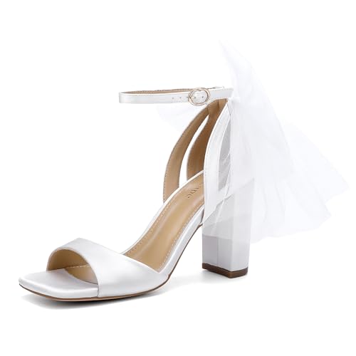 Women's Satin Wedding White Bow Heels for Women Block Chunky White Heels Wedding Shoes for Bride White Dress Shoes for Women