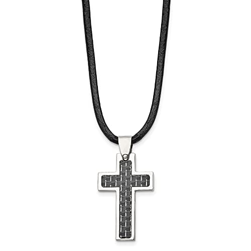 ICE CARATS Stainless Steel Black Carbon Fiber Inlay Cross Pendant On an 18 Inch Leather Cord Necklace Charm Religious Fashion Jewelry for Women Gifts for Her - Image 4