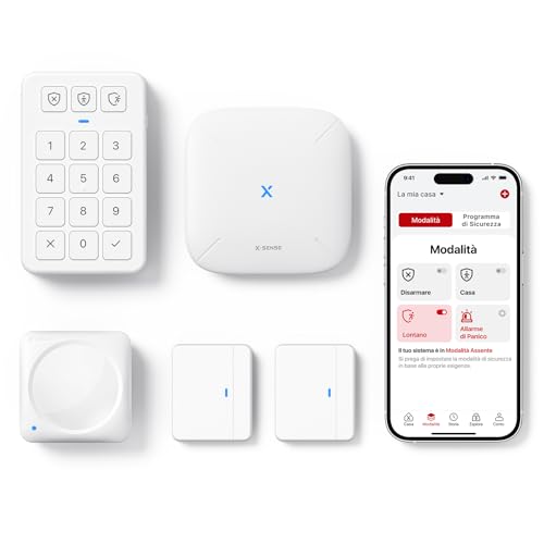 X-Sense Sistema di Allarme WiFi con App per Casa e Appartamento, Sistema di Allarme Smart con Sensore per Porta e Finestra, Sensore di Movimento, Tastiera con Tasto Panico, Incluso Stazione Base, AS05