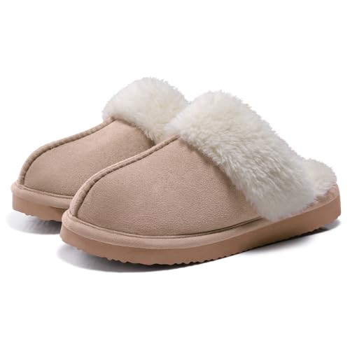 Litfun Women's Fuzzy Memory Foam Slippers Fluffy Winter House Shoes Indoor and Outdoor, Apricot 9-10