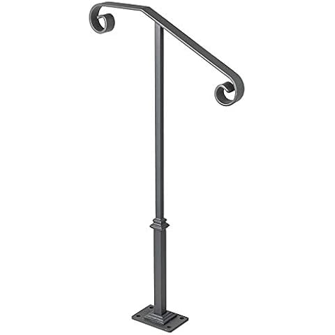 BuoQua Dark Gray Single Post Handrail Fits 1 or 2 Steps Handrail Wrought Iron Single Post Wrought Iron Rail Single Post Railing Ornamental Top Hand Rail Stairs with Hardware for Outdoors Steps Cover