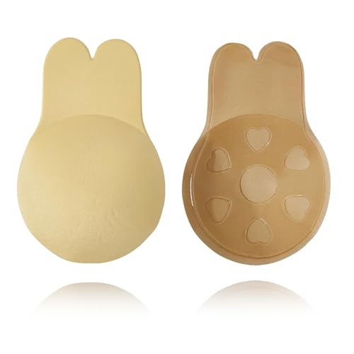 BOOSINI Adhesive Strapless Bra - Sticky Push Up Backless Invisible Bra with Nipple Covers Reusable Self-Adhesive Bras Beige S(1Pair)