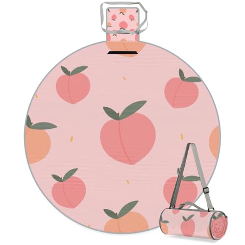 Shimoshe Pink Peach Print Picnic Outdoor Blanket Foldable Waterproof Sandproof Beach Blanket Portable Water-Resistant Round Picnic Mat for Travel Camping Park Lawn