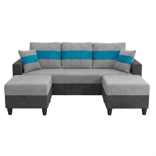 Image of Cavona 5 Seater L Shape Sofa Set with 2 Movable Ottomans | Flexible Layout | Luxury Velvet Suede Fabric | Modern Living Room Sofa | Dark Grey-Light Grey-Aqua Blue