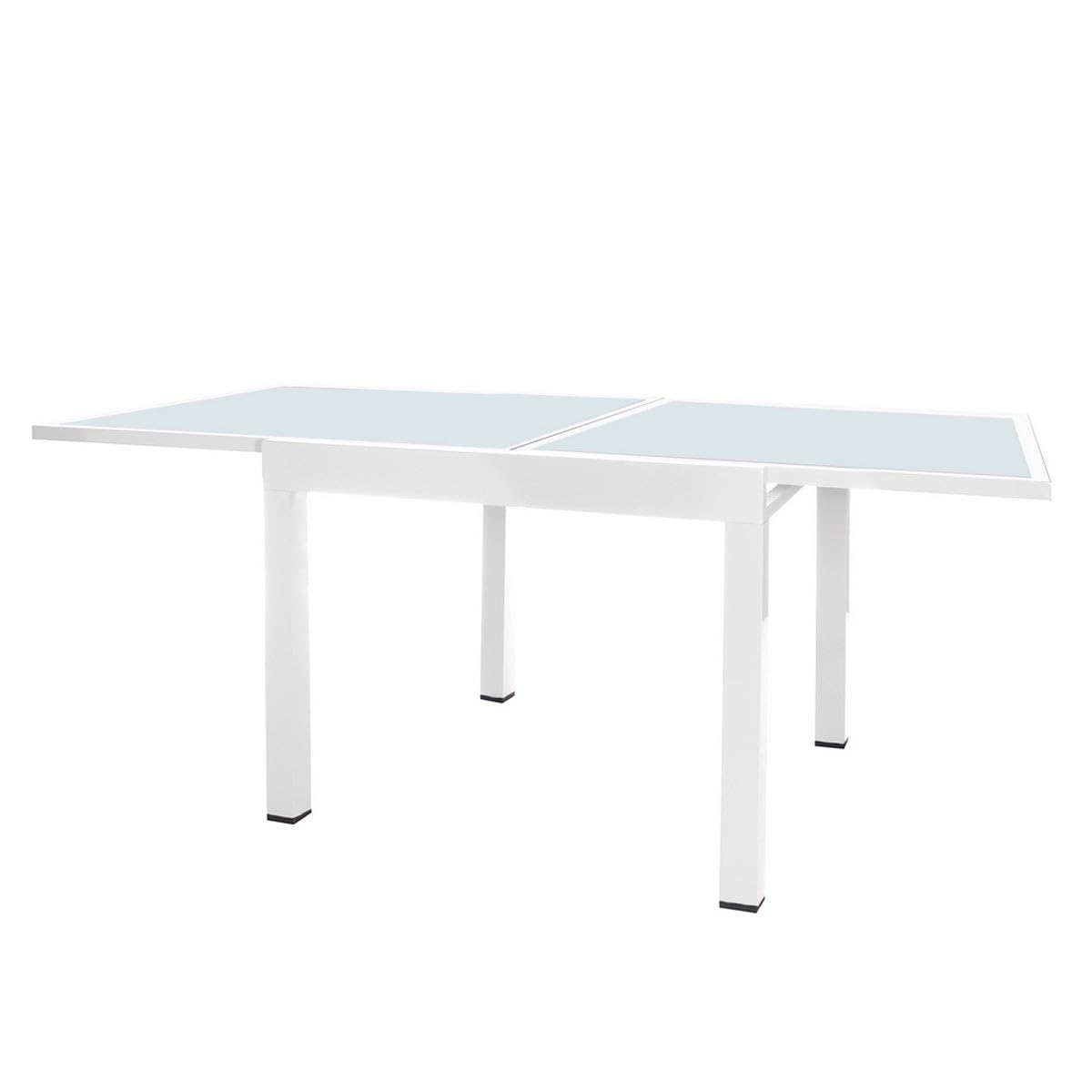 LOLAhome Mesa de Comedor Extensible para jardín Thais, Blanca de 80x80 cm Extensible 160 cm, de Aluminio y Cristal Serigrafiado, Tratamiento Anticorrosión, Elegante y Duradera, para 6 Personas